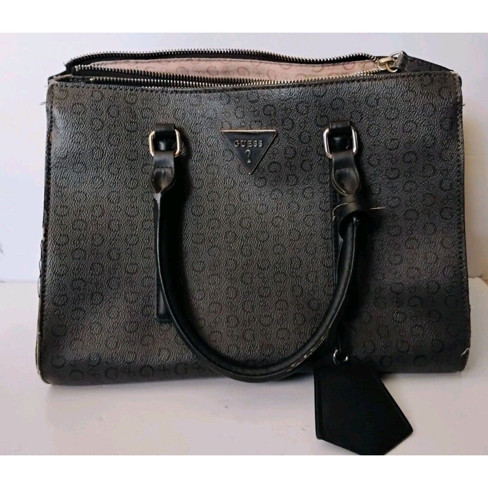 GUESS Fitz Black Monogram Satchel Bag Top Handle Purse SV860907 Triple Pocket